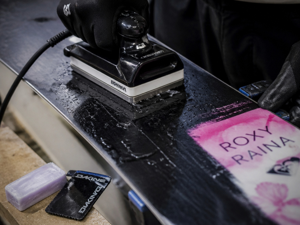 Close-up of hot waxing the base of a Roxy Raina snowboard for maintenance.