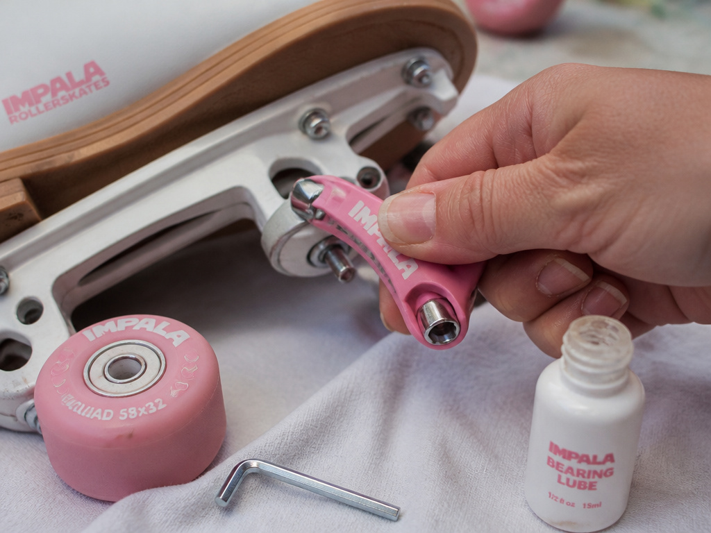 Close-up of maintaining Impala inline skate wheels with tool and lubricant.