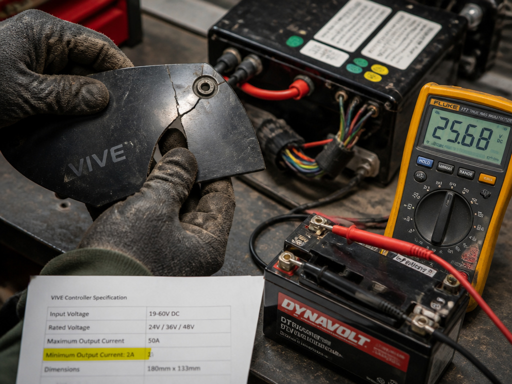 Close-up maintenance of Vive scooter's plastic shroud and battery diagnostics.