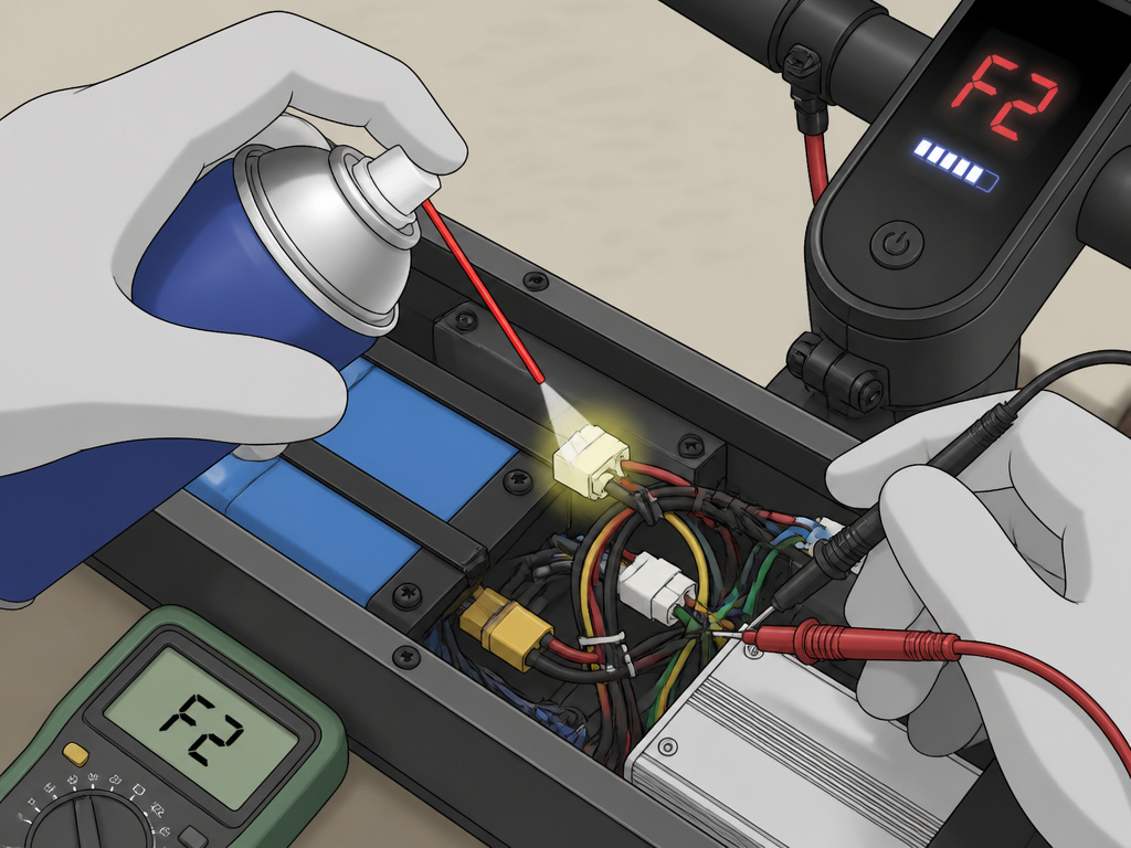 Fixing Hiboy S2 F2 error code with contact cleaner on wiring connector