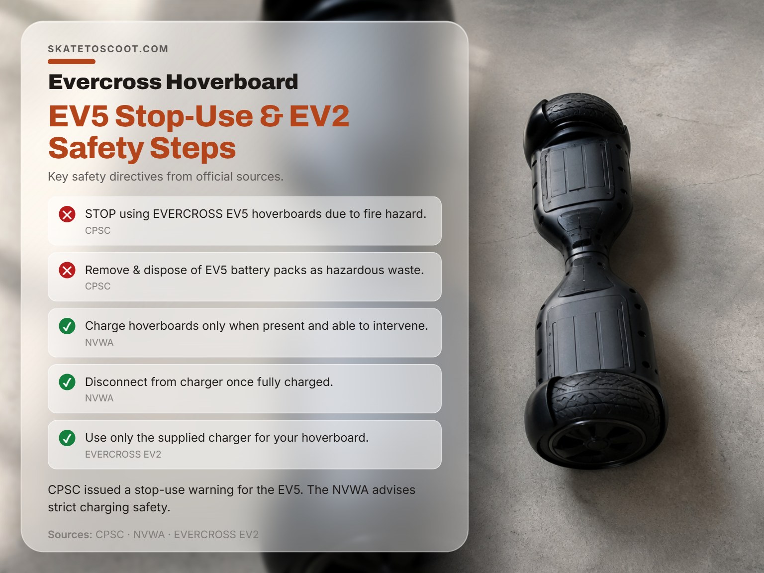 Safety checklist for Evercross hoverboards showing stop-use order and charging rules.