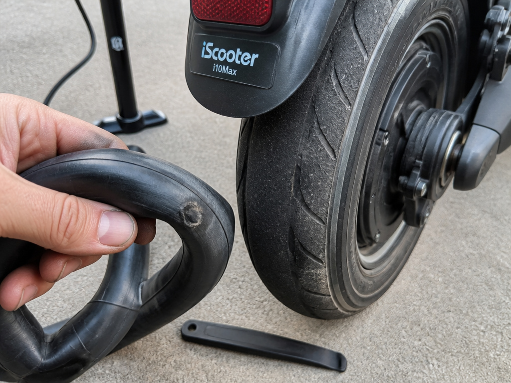 Replacing a flat tire on an iScooter i10max electric scooter.