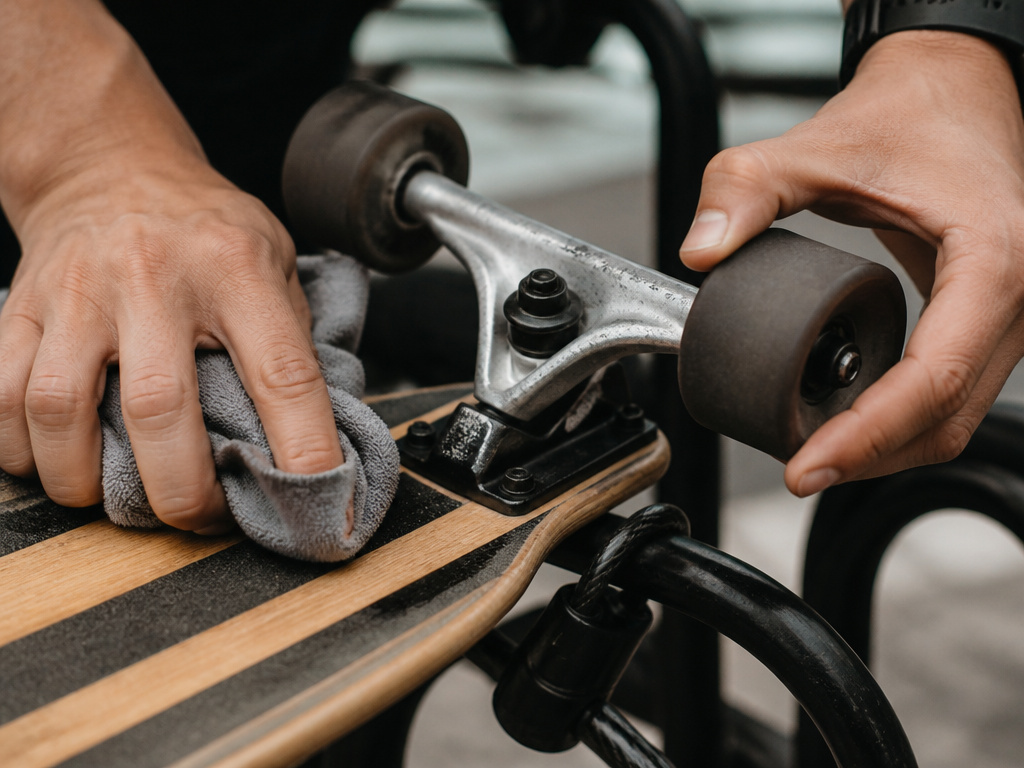 Cleaning a longboard deck and locking it securely to prevent theft.