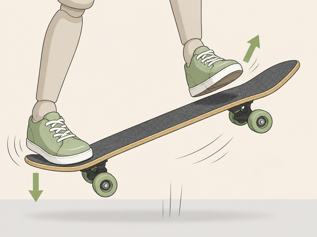 Close-up cartoon of a longboard ollie showing foot placement and pop.