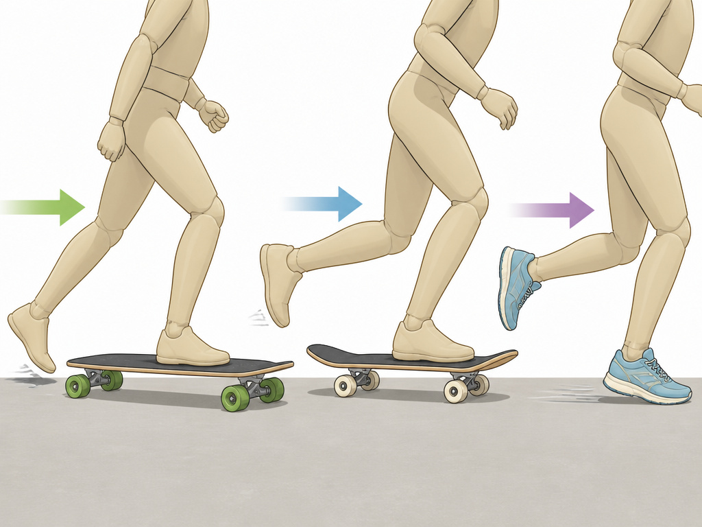 Comparative diagram of longboarding, skateboarding, and running leg motions
