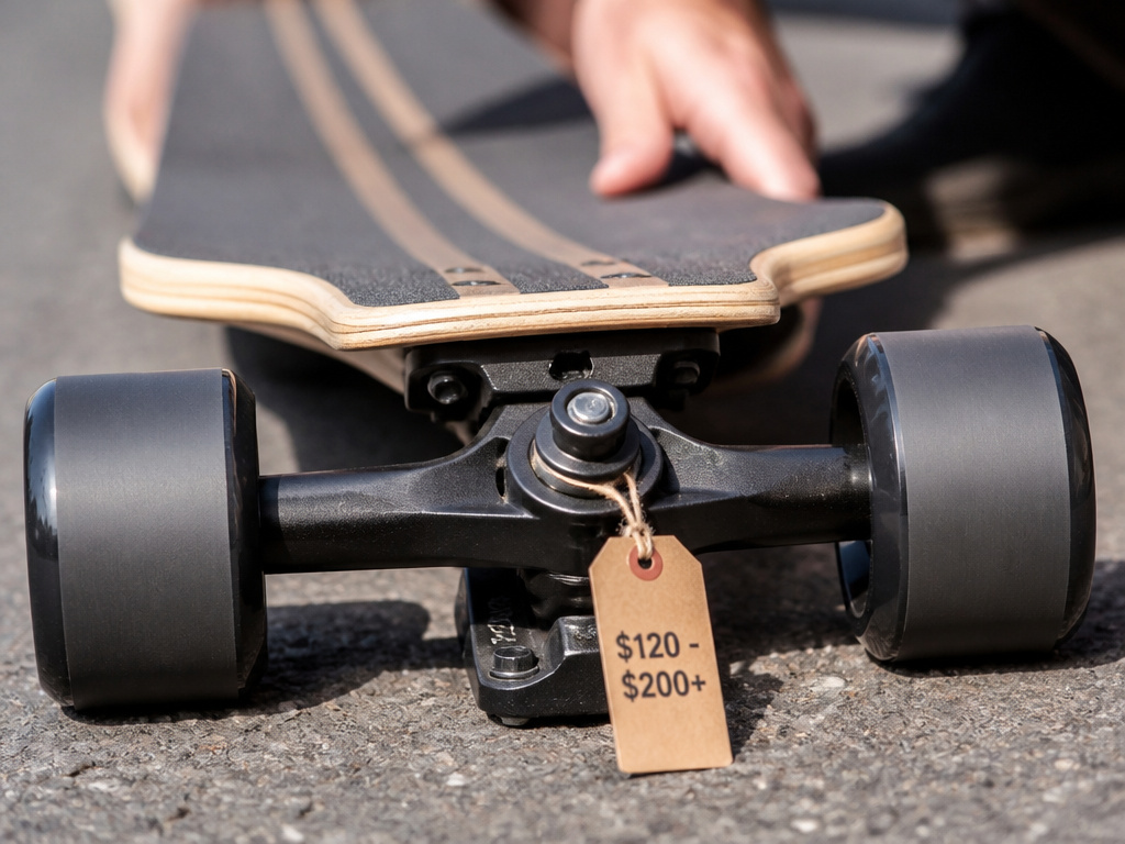 Close-up of a longboard with price tag showing cost range for beginners.