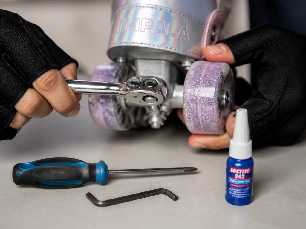 Close-up of hands using a wrench to maintain Impala roller skate trucks.