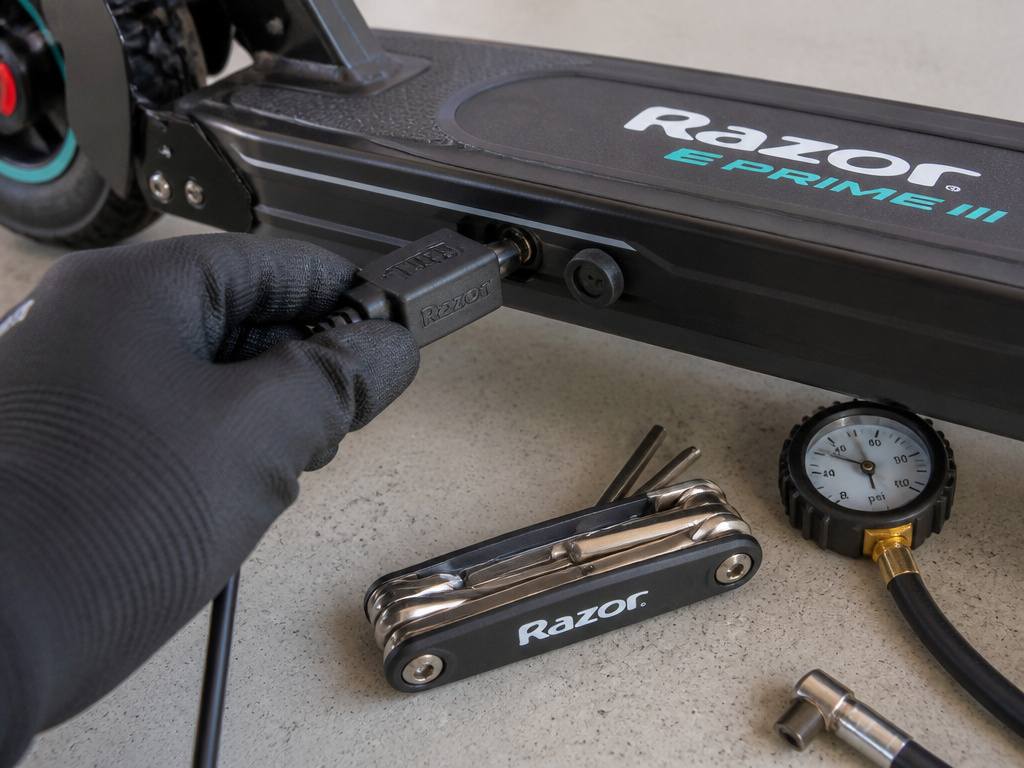 Razor e-scooter maintenance: charging, tire pressure check, and tools laid out.