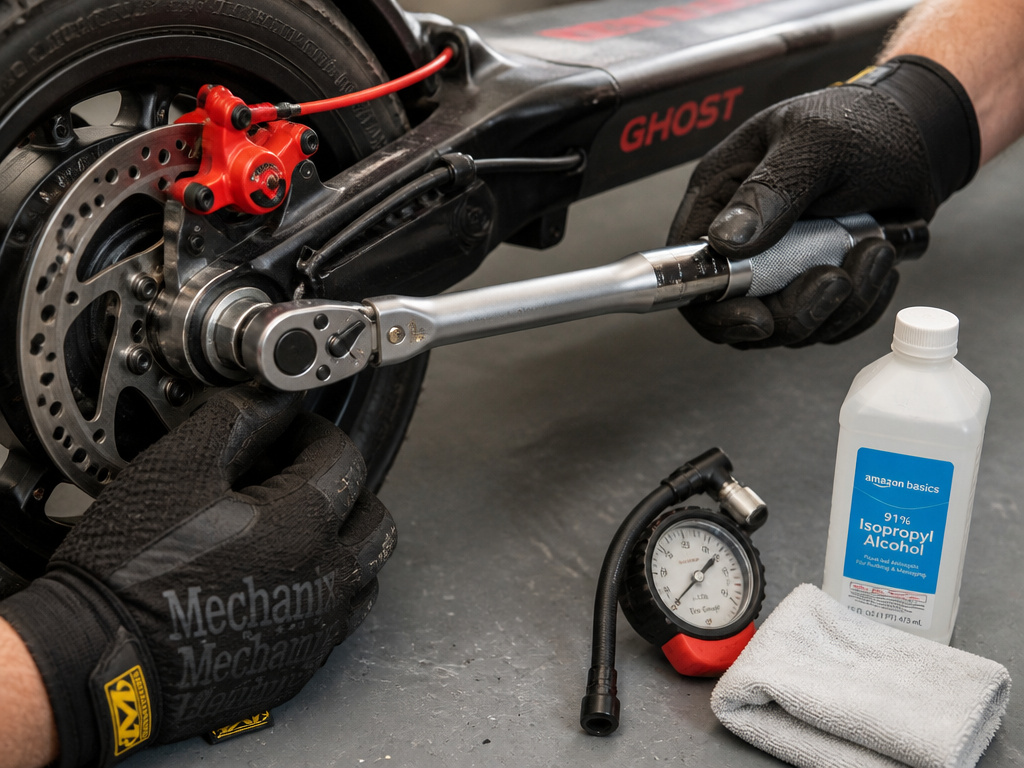KickPed scooter maintenance: checking tire pressure and removing debris from tread.
