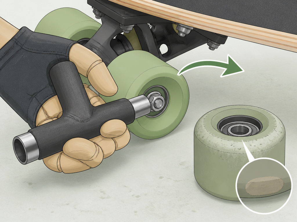 Cartoon diagram of rotating a longboard wheel to prevent uneven wear and flat spots.