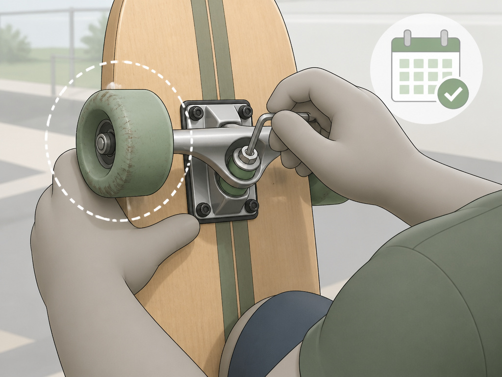 Heavier rider performing longboard maintenance, tightening trucks and checking wheel wear.