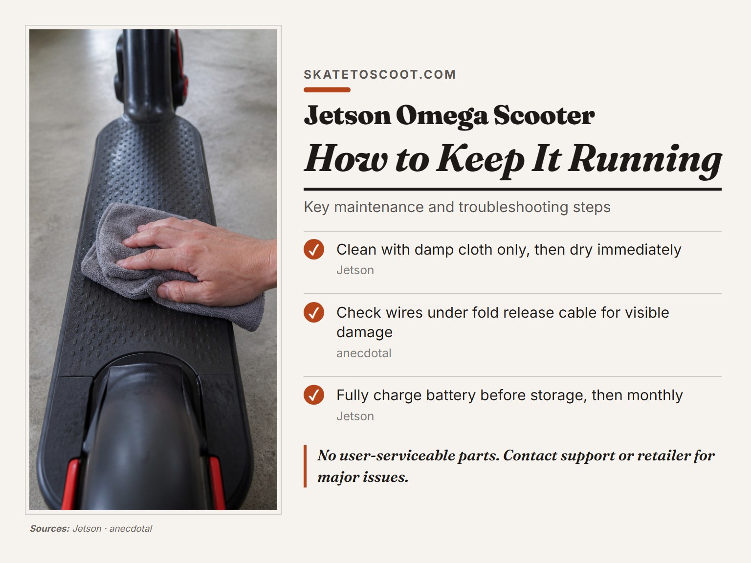 Infographic card on Jetson Omega scooter cleaning and maintenance checklist.