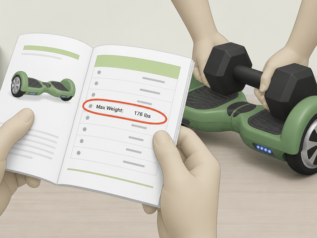 Hoverboard manual weight limit highlighted next to an overloaded board.