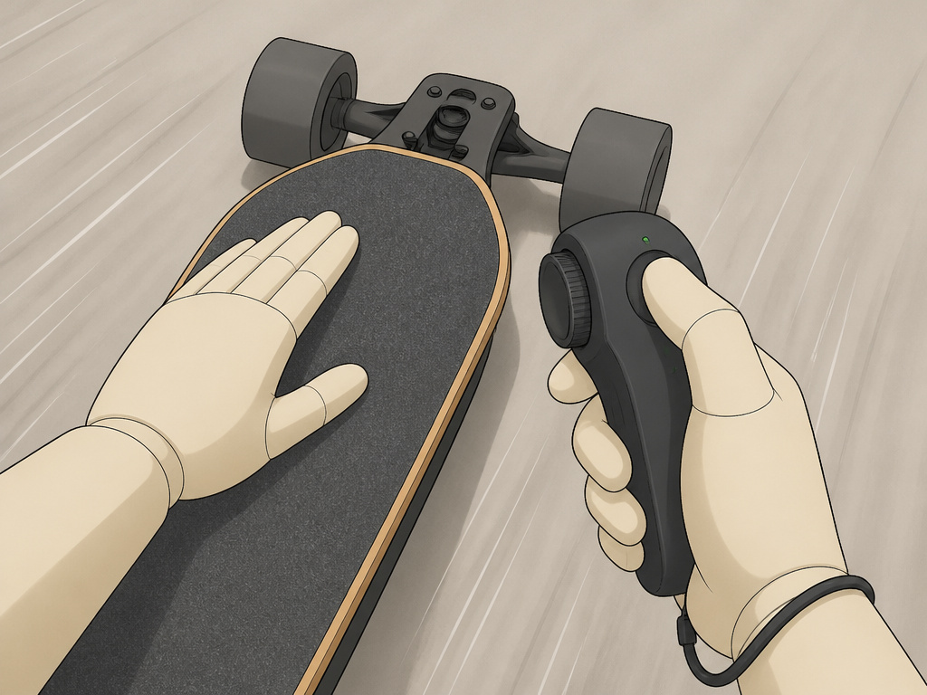 Close-up hands using remote throttle on a moving electric longboard
