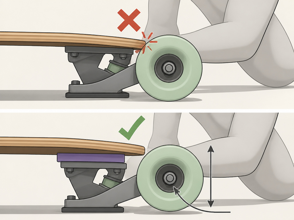 Diagram explaining wheelbite, clearance, and longboard wheel diameter and hardness.