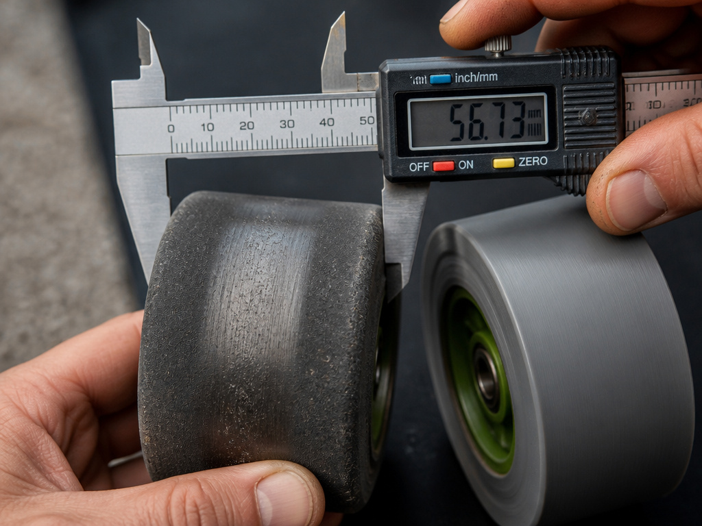 Measuring a longboard wheel's contact patch width with digital calipers.