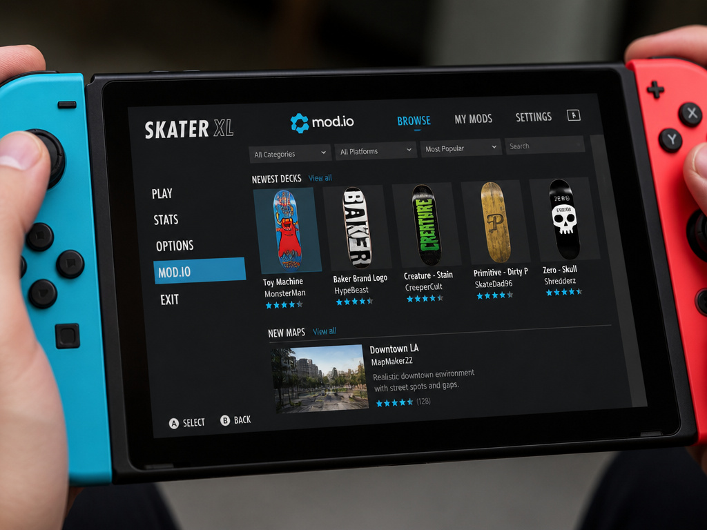 Skater XL on Nintendo Switch showing the Mod.io mod browser menu