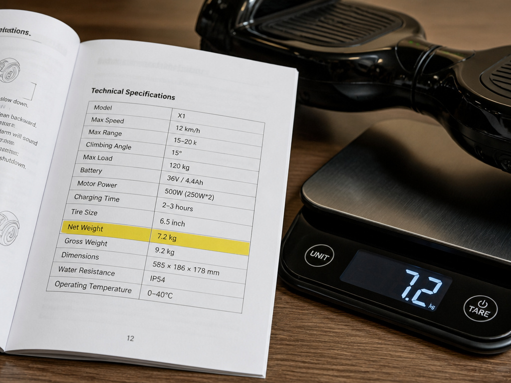 Comparing official hoverboard weight specs from a manual next to the product.