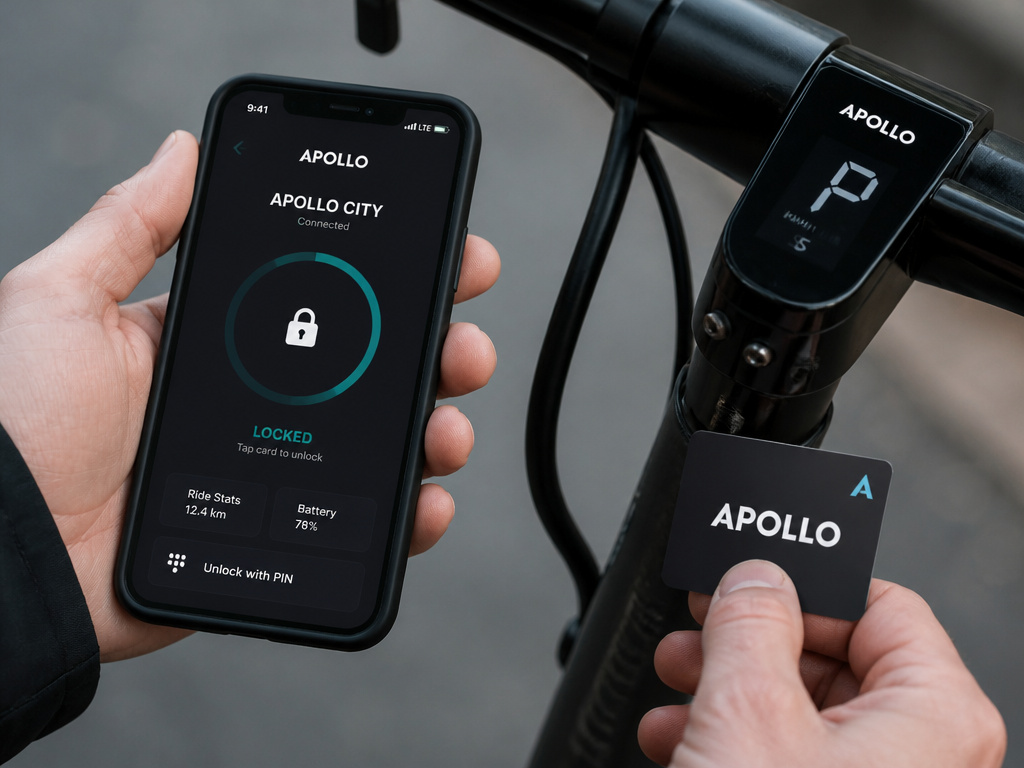 Using a smartphone app and NFC card to engage an Apollo scooter's electronic Park Mode.