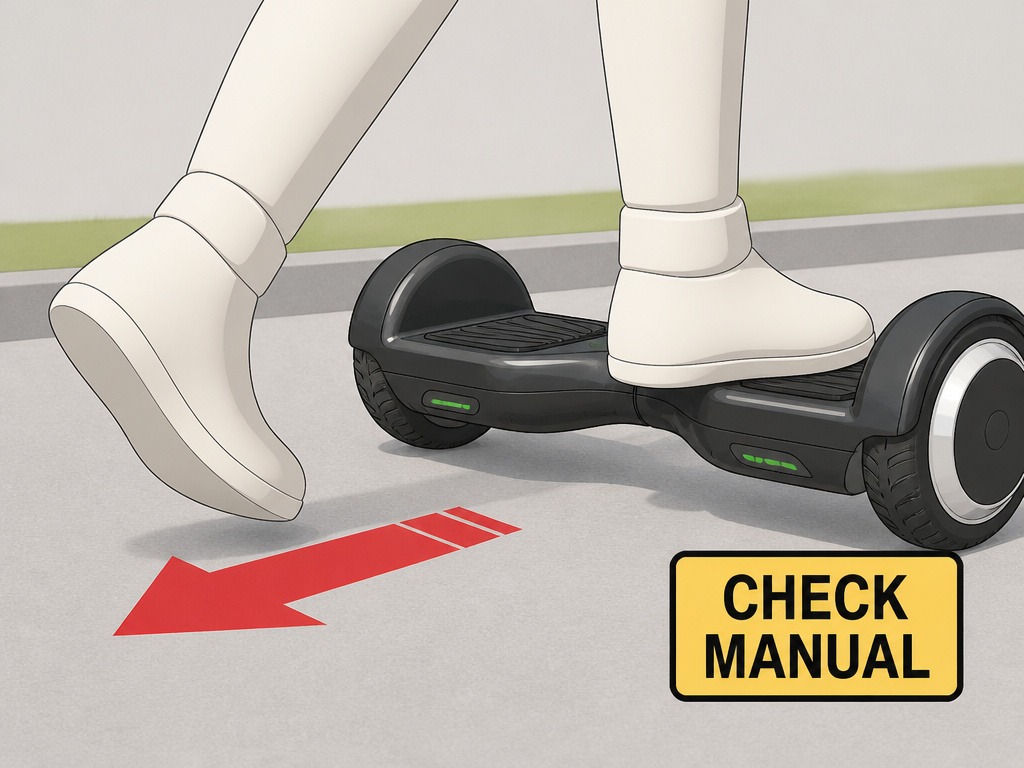 Cartoon diagram of stepping backward off a hoverboard safely.