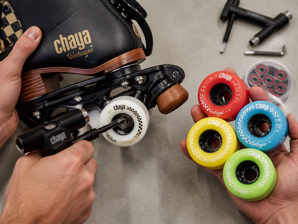 Close-up of hands upgrading wheels and bearings on Chaya Vintage roller skates.