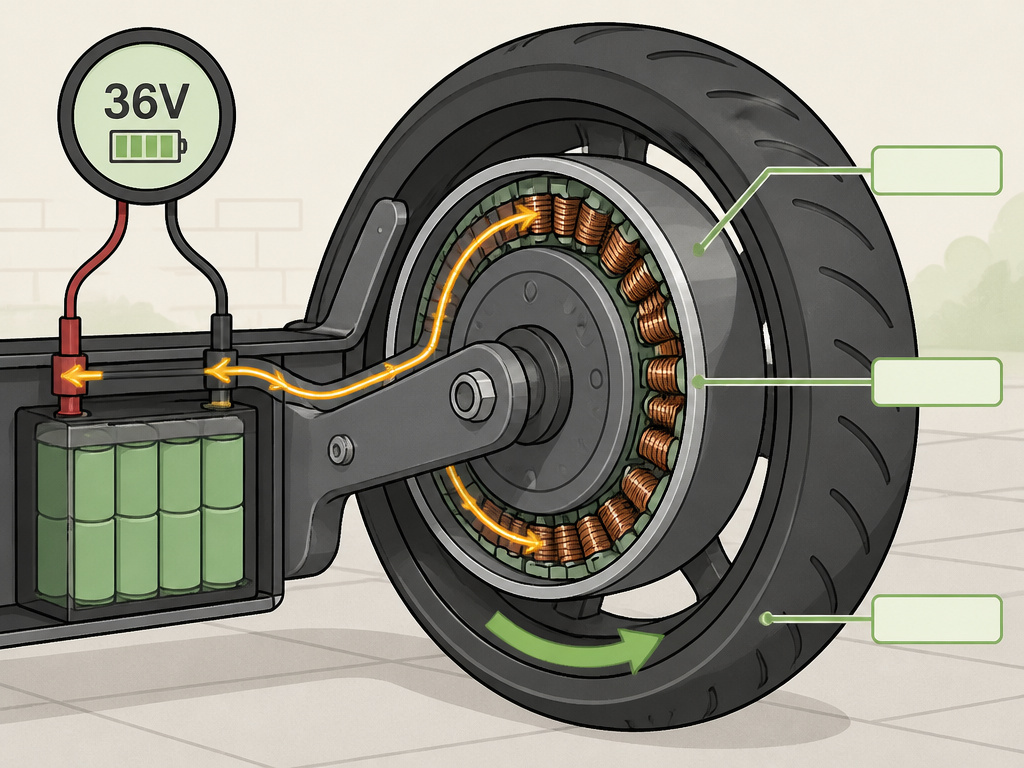 Diagram of a hub motor inside an electric scooter wheel for a DIY build.