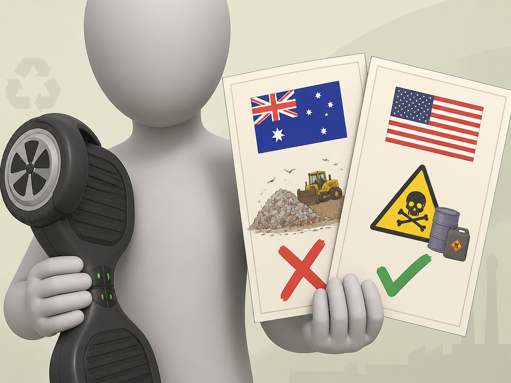 Conflicting official advice on hoverboard disposal, Australia landfill versus US hazardous waste.