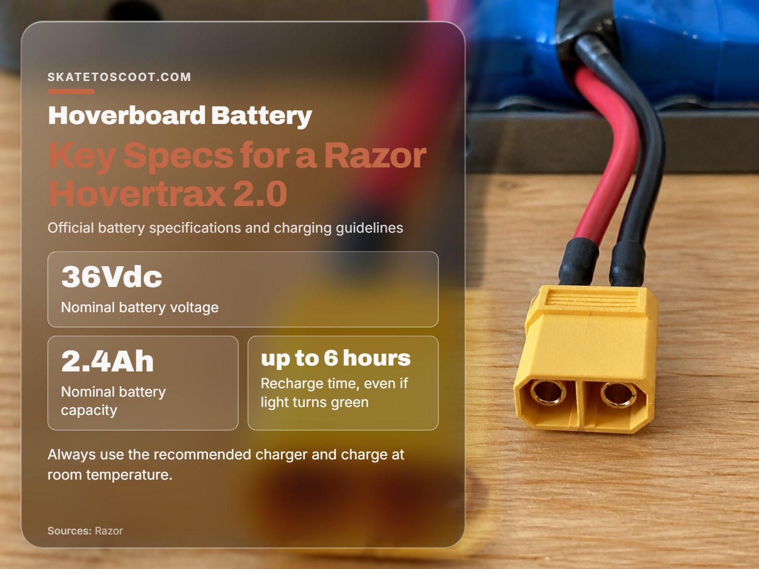 Close-up of a hoverboard battery connector on a workbench.