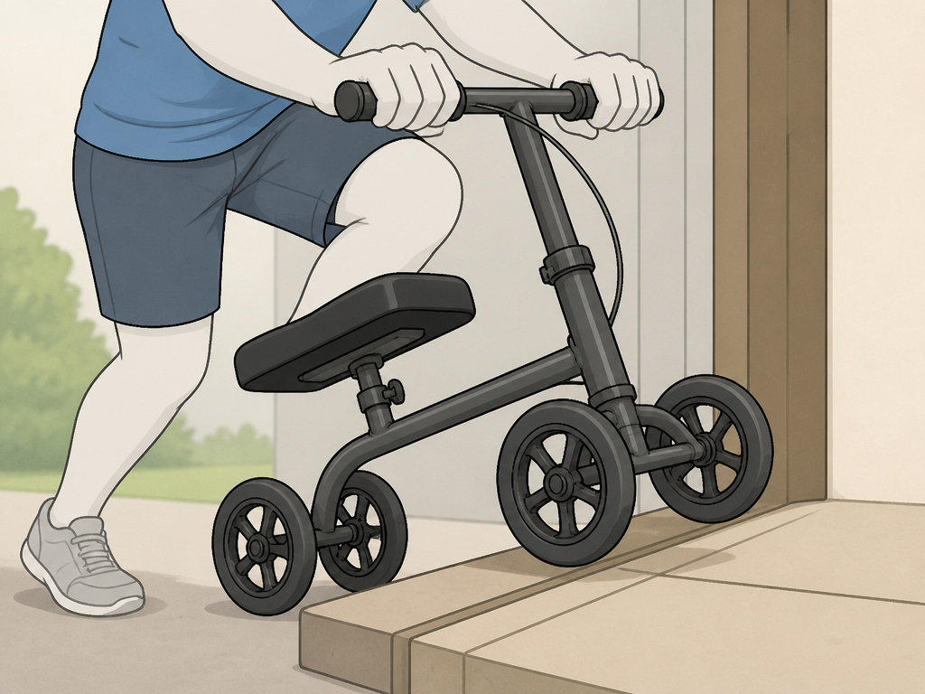 Person using a knee scooter to navigate over a raised door threshold.