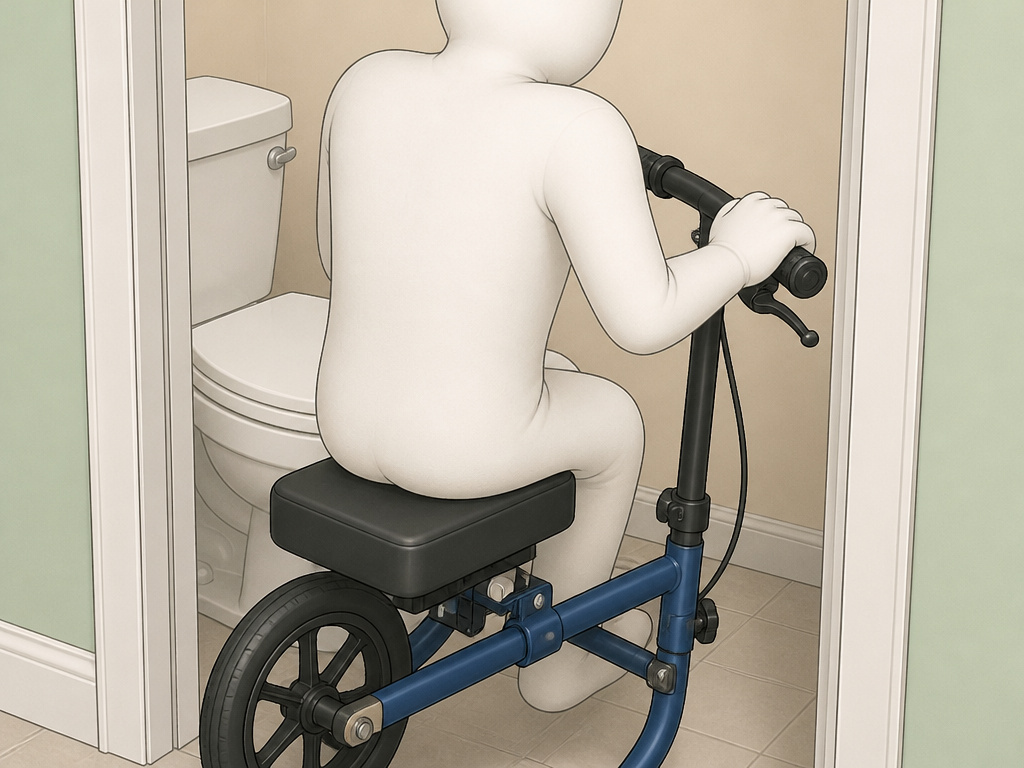 Person on a seated knee scooter backing into a bathroom doorway