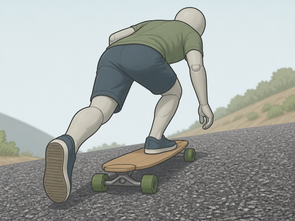 Longboarder using a short, quick push stride to go uphill on rough pavement