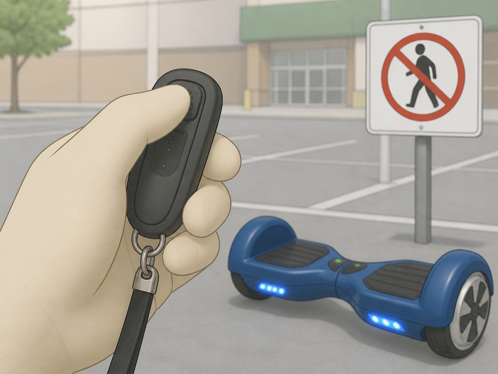 Hoverboard rider facing a private property no trespassing sign in the UK.