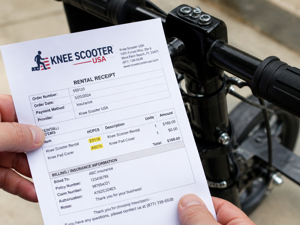 Close-up of medical receipt with billing codes on a rented knee scooter.