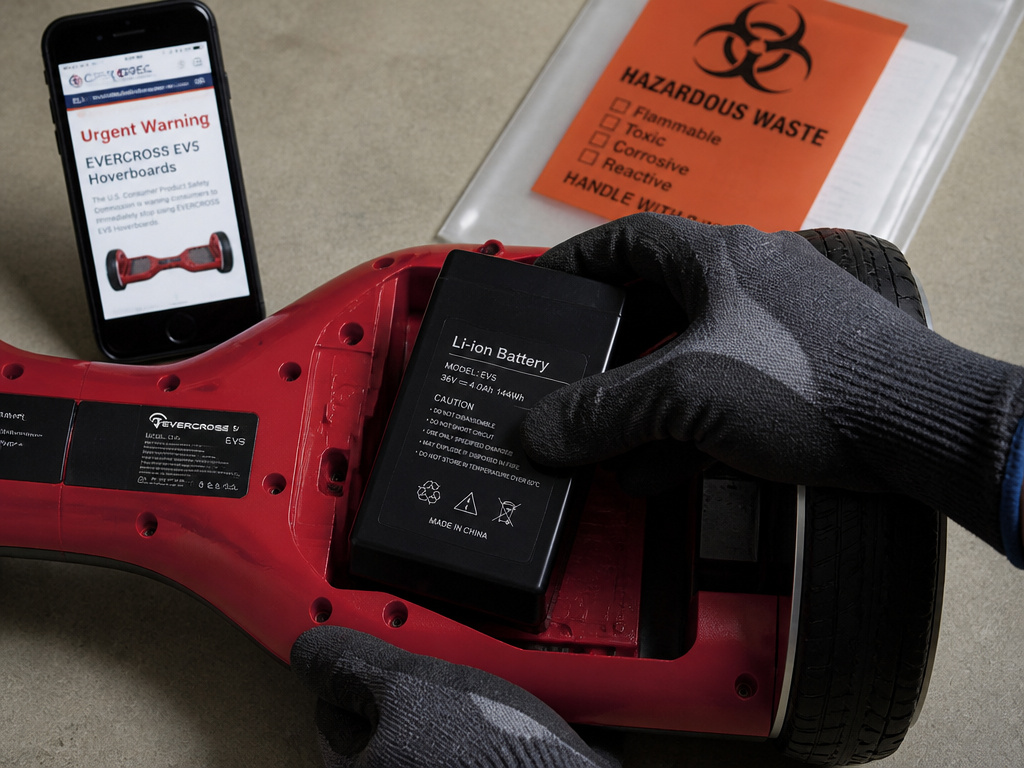 Removing a hoverboard battery for disposal after a fire hazard recall.