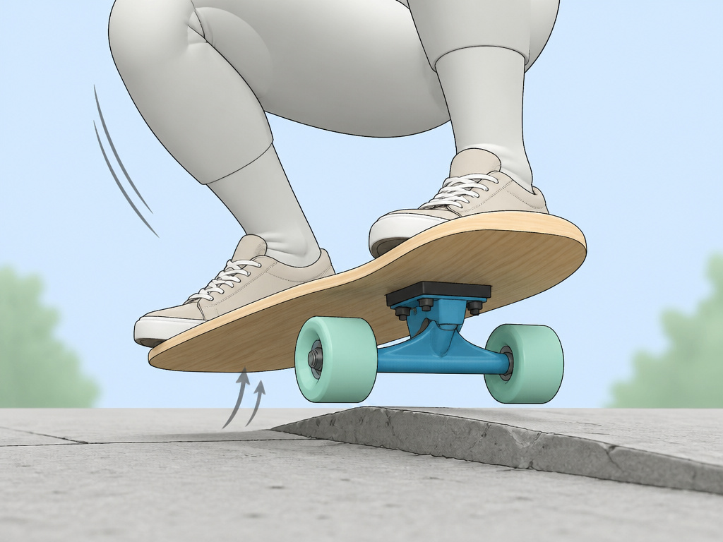 Longboarder performing an unweighting hop to roll over a pavement crack.