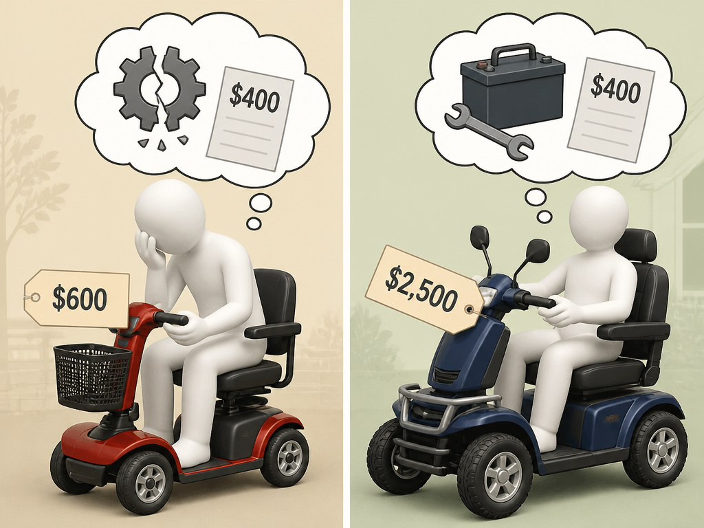 Comparing long-term ownership costs of cheap versus reliable mobility scooters.
