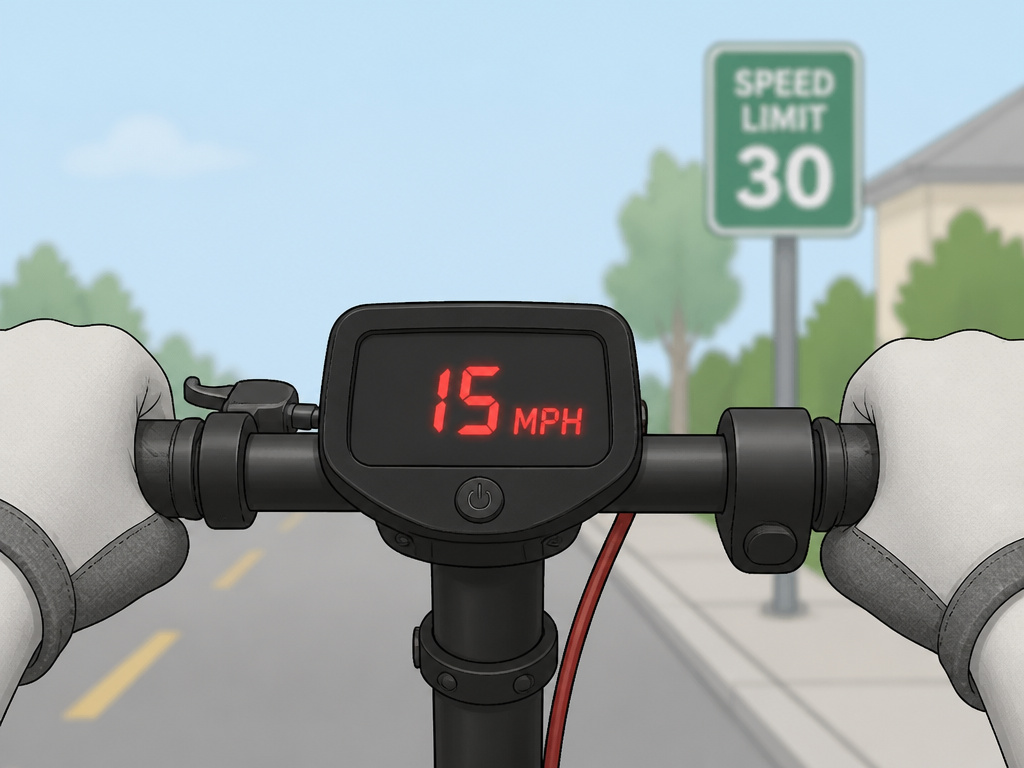 Electric scooter speedometer showing 15 mph limit on a 30 mph road.