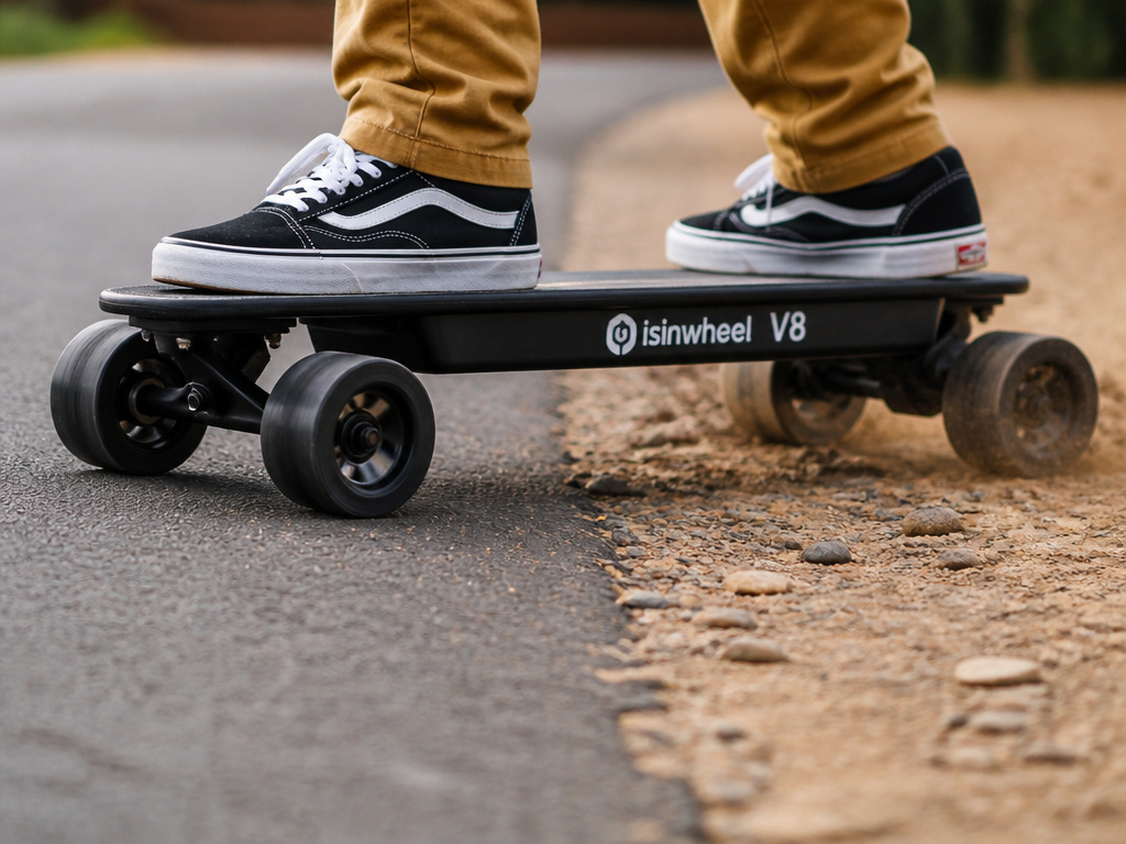 Isinwheel V8 electric skateboard wheels on asphalt transitioning to rough packed dirt terrain.