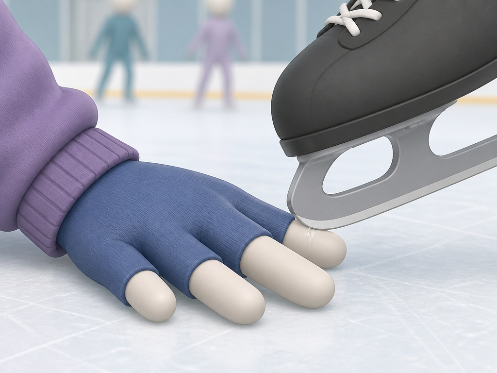 Close-up of ice skate blade dangerously near splayed fingers on ice.