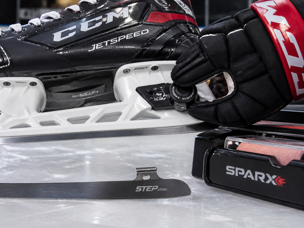 Close-up of CCM Jetspeed skate quick-change blade system and steel runner