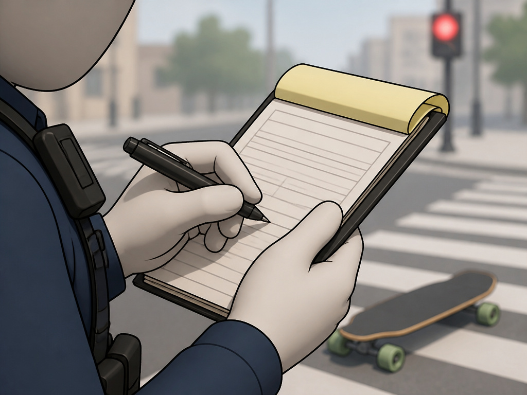 Police officer writing a ticket for a longboard rider at a red light.