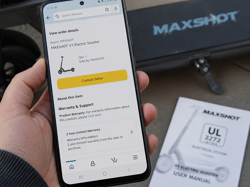 Maxshot scooter Amazon support page and warranty documentation close-up.