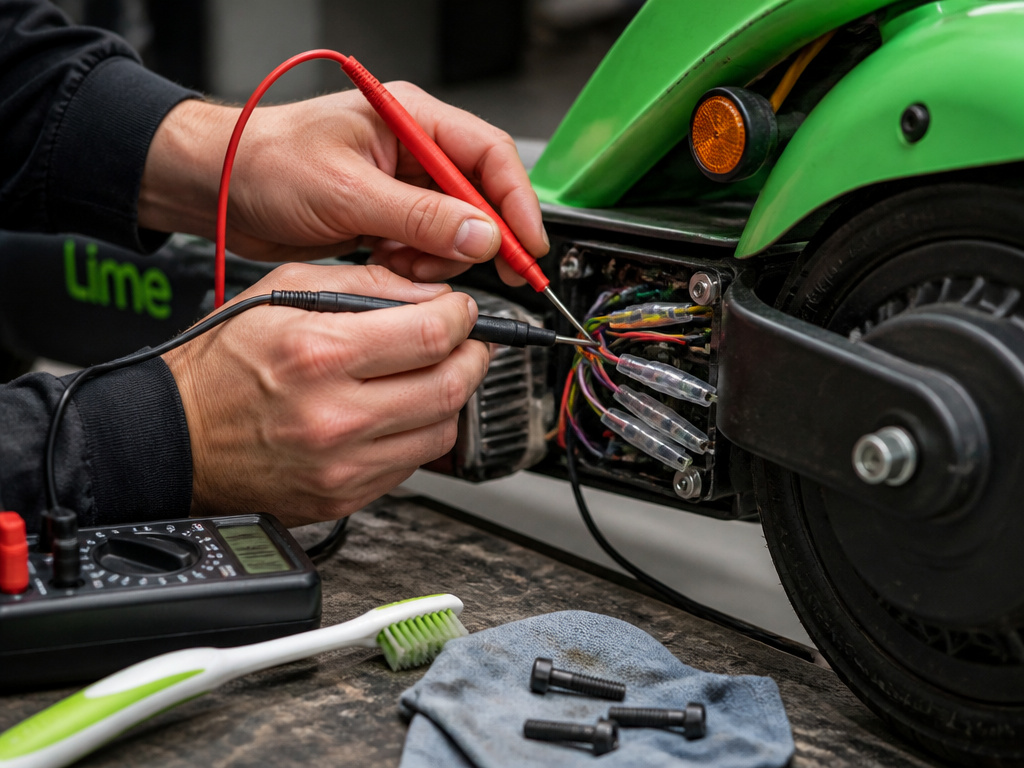 Hands performing maintenance and diagnostics on a personally converted Lime scooter.