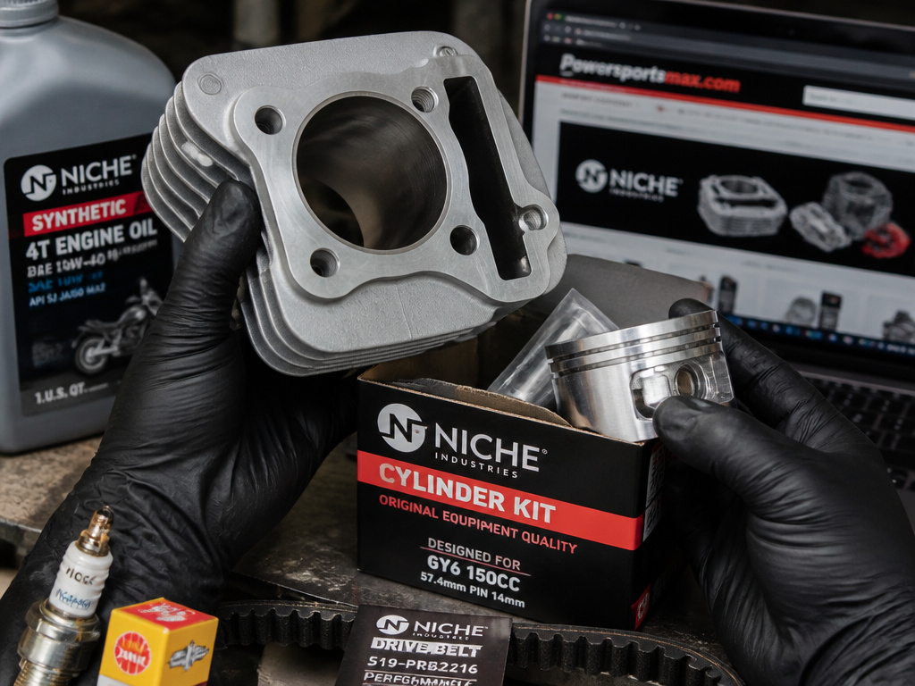GY6 engine parts and maintenance items for an X-Pro 150cc scooter review.