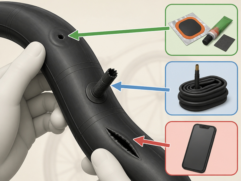 Decision flowchart for patching or replacing an electric scooter flat tire.