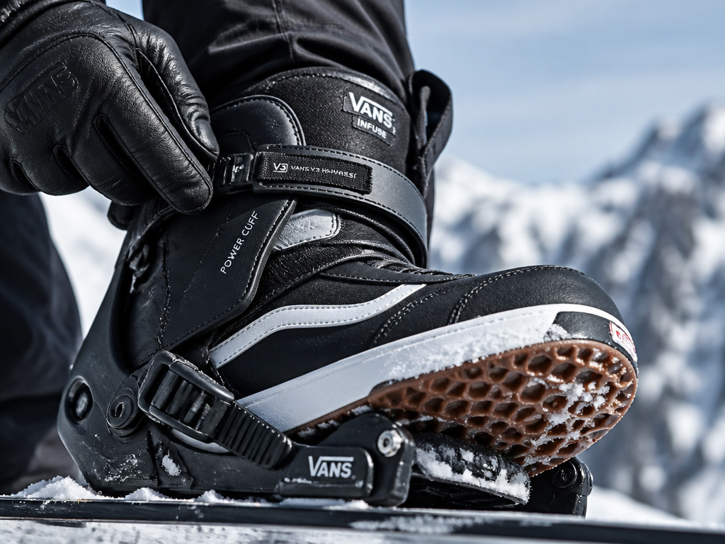 Close-up of Vans Infuse boot's Powercuff strap and V3 harness being adjusted on snow.