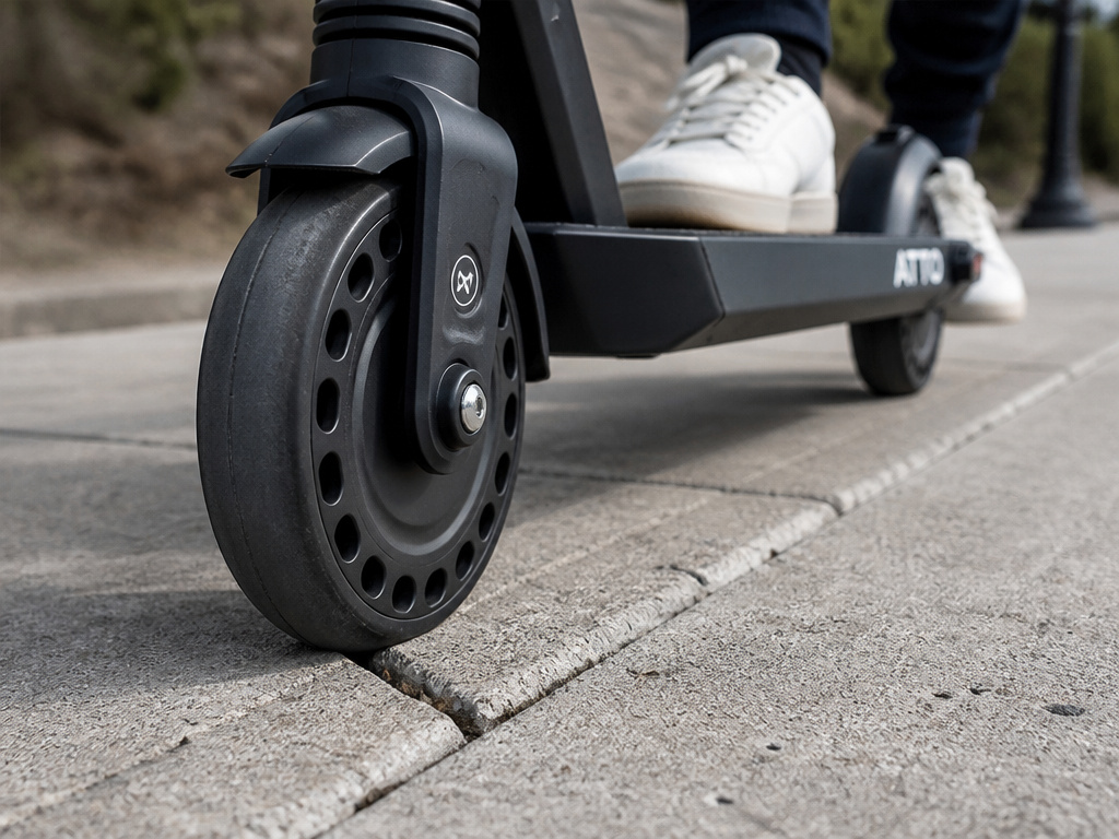 Atto scooter solid tire on sidewalk crack, demonstrating firm ride quality.
