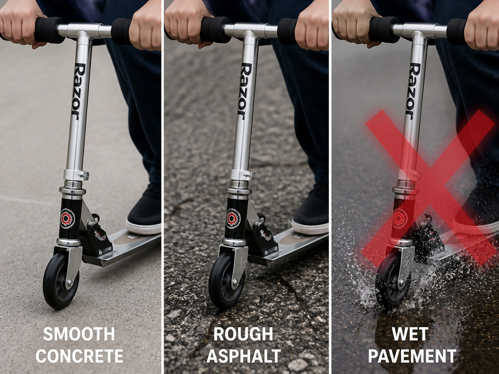 Razor A5 scooter performance on concrete, rough asphalt, and wet surfaces