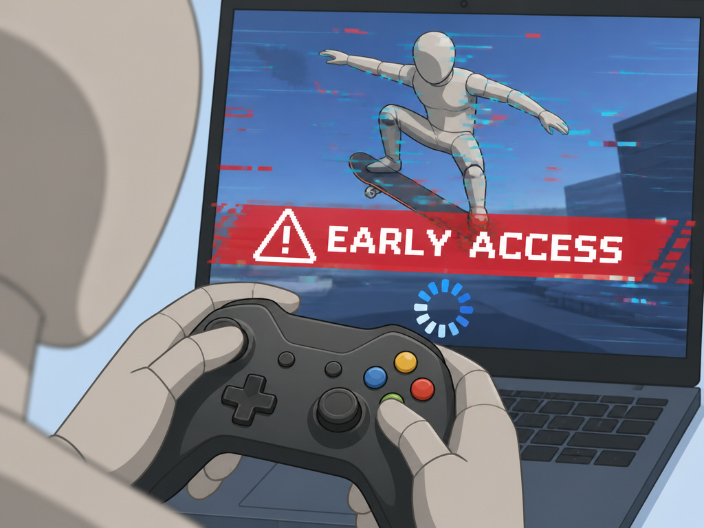 Early Access skateboarding game glitch on a laptop screen during a trick.