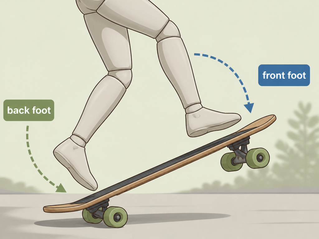 Longboard pop technique showing sequential foot swing for stable landing.